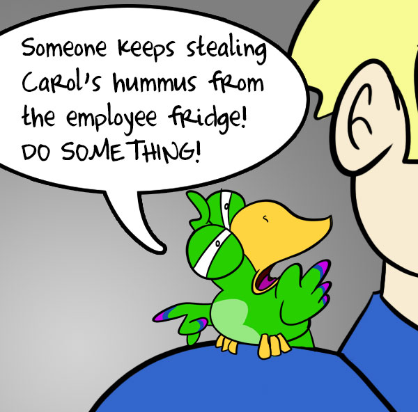 Someone keeps stealing carol's hummus. Do something!